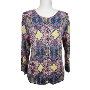 GARNET Hill 100% Merino Wool Floral Button Front Cardigan 3/4 Sleeve SZ L